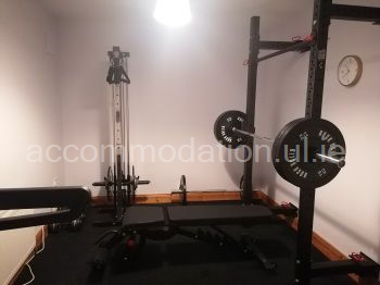 Gym - Treadmill, Cable Pulley System, Wall Mounted Rack (Squat Bench, Chin Ups etc.), Olympic Bar & Plates, Short Olympic Bar, Adjustable Dumbells, Commercial Bench, 15mm Rubber Flooring. 